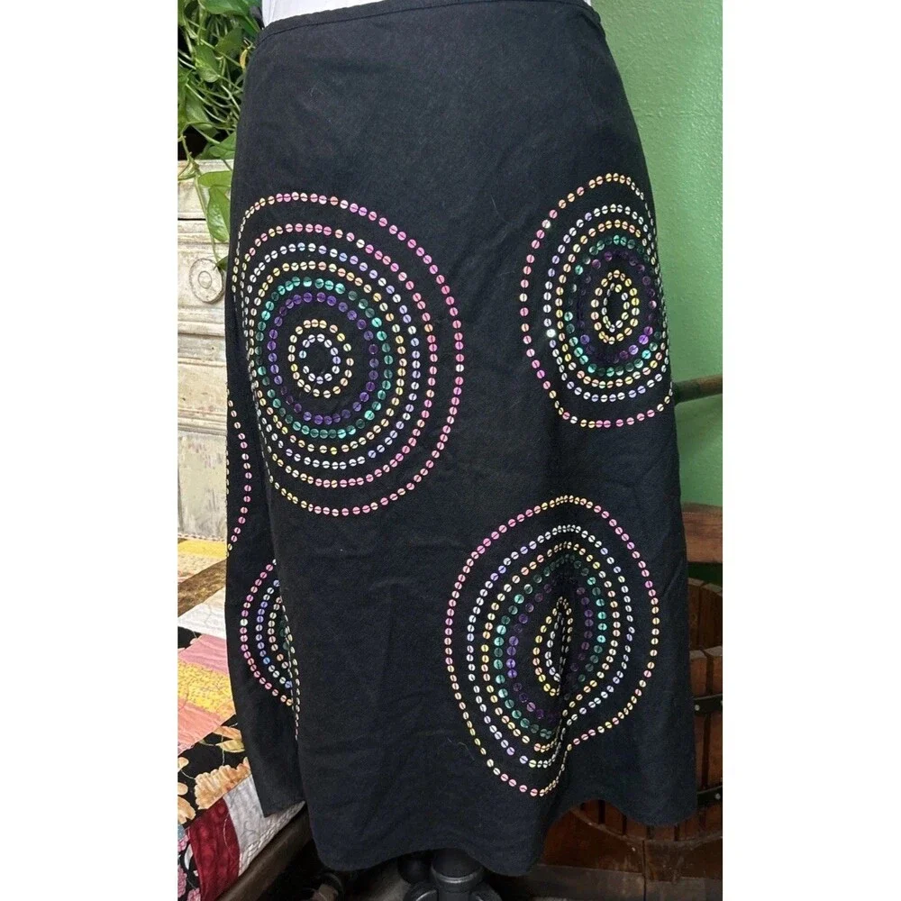 Vtg Y2K Sequin Midi Black Skirt Size 8 Grunge Fairy Whimsy Rainbow seqins